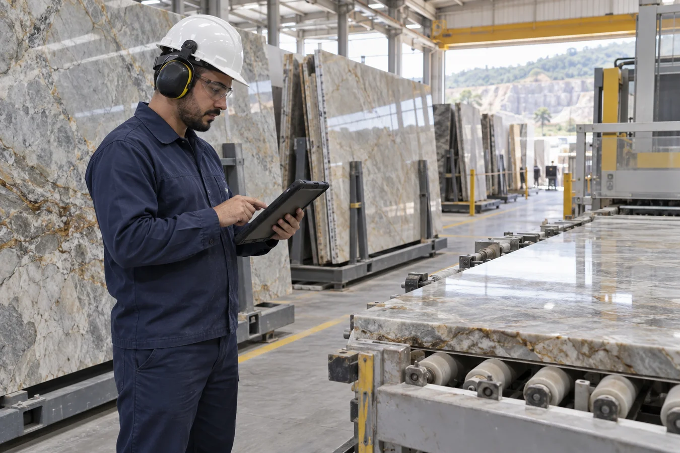 Operador registrando a produção em um tablet no chão de fábrica