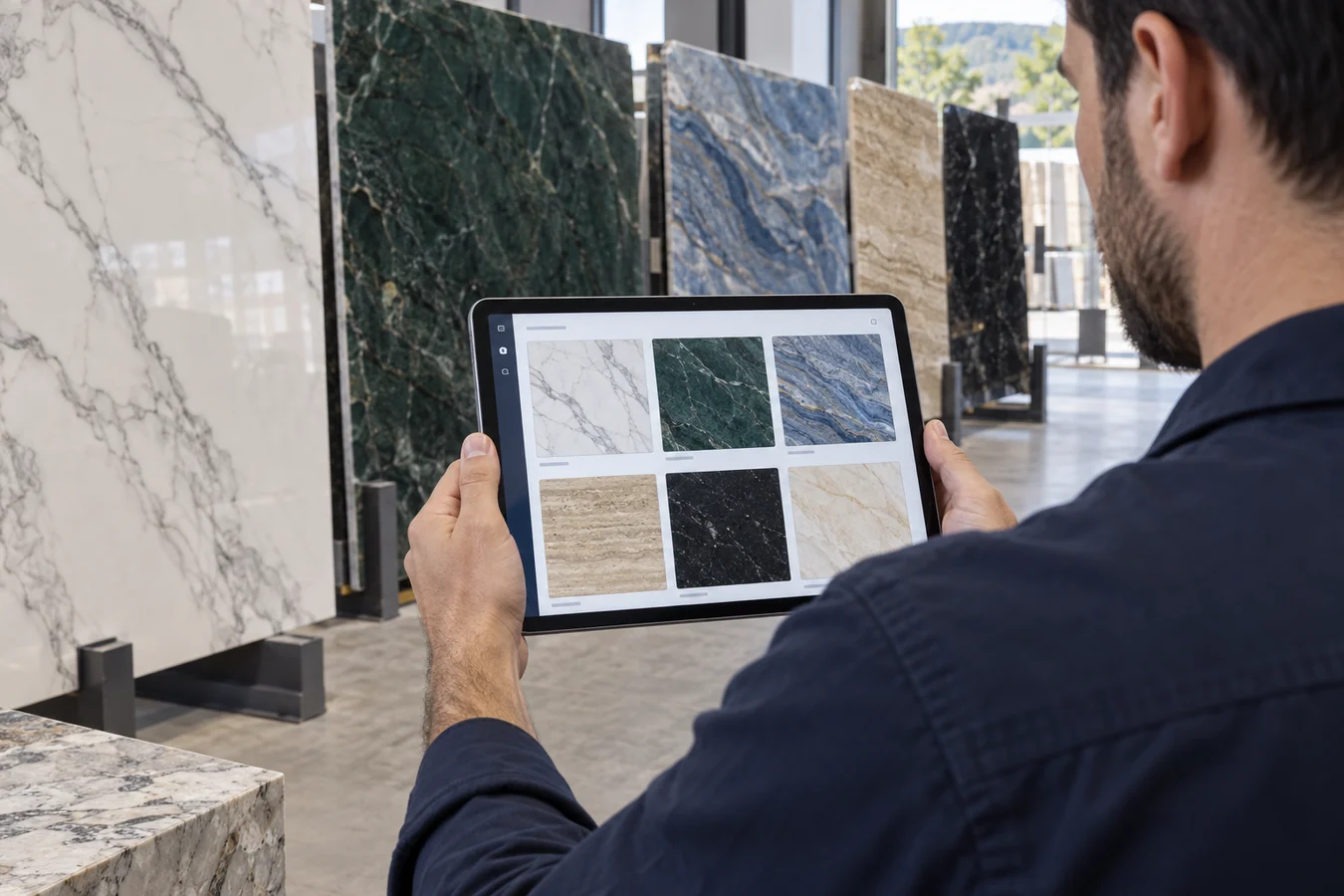 Operador consultando em um tablet um catálogo com fotos de chapas de mármore, granito e quartzito