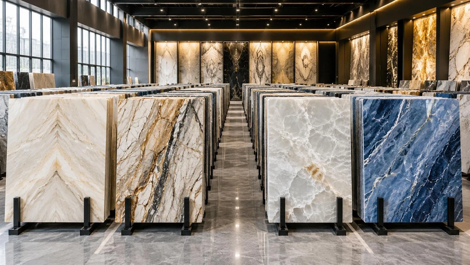Galeria ampla e organizada com grandes chapas de quartzitos selecionadas